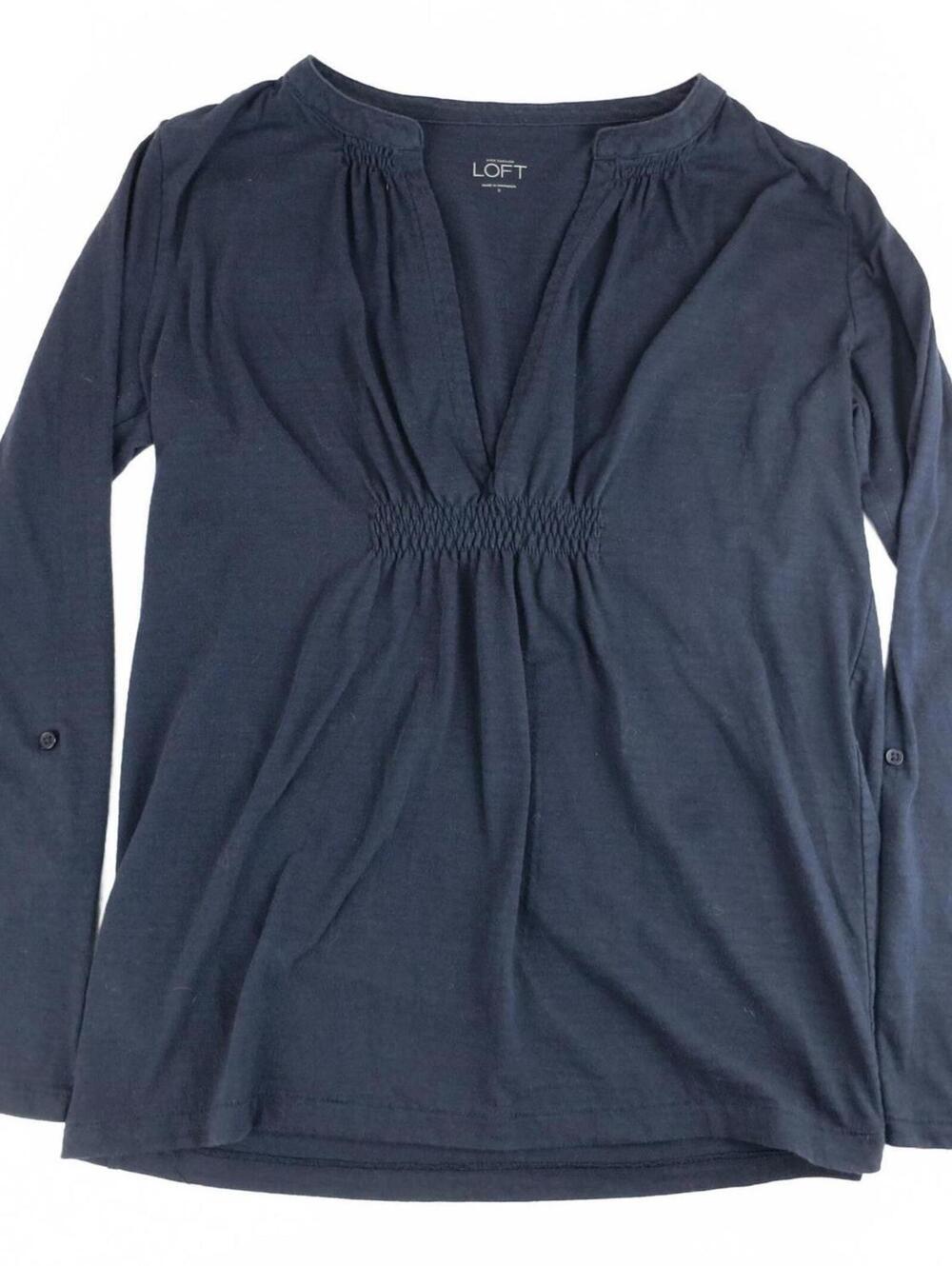 Ann Taylor LOFT Navy Blue Long Sleeve V-Neck Top Size S